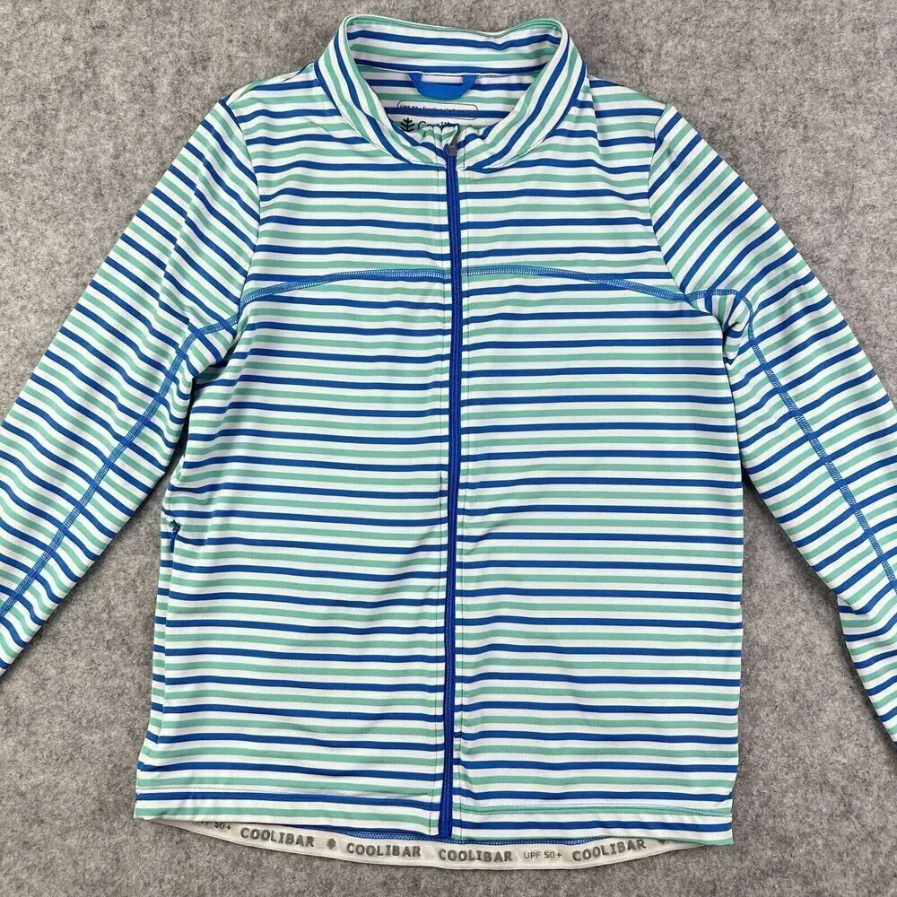 Coolibar Turtle Bay Swim Jacket Youth L Blue Green Striped Full Zip UPF 50+